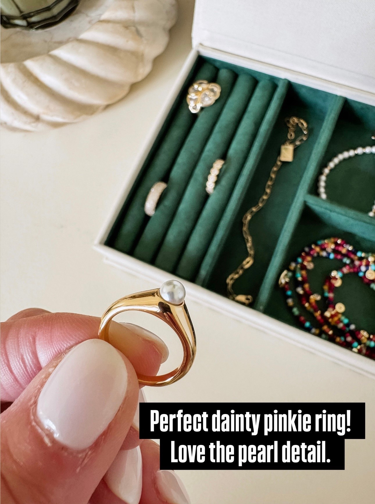 Dainty pinkie ring. Pearl accent ring. 
Linking the ring sizer I used to find the right size. 
Discount code: TWOPEASINABLOG 

#LTKOver40 #LTKSeasonal