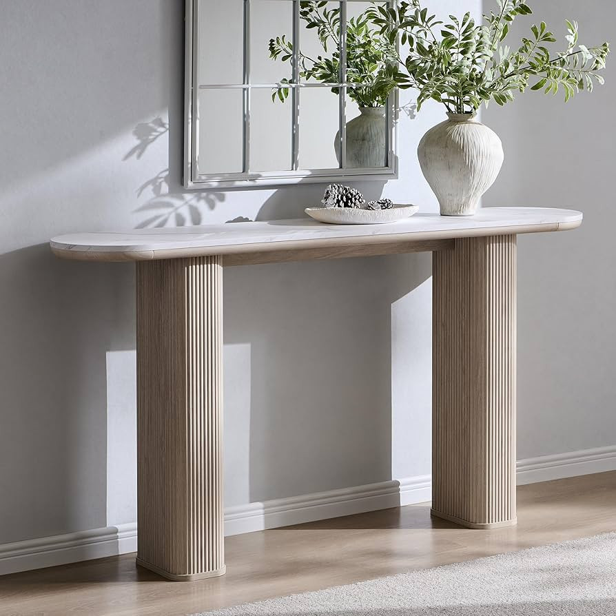 OKD 63" Modern Console Table with Arc Faux Marble Texture Top, Fluted Wood Base, Contemporary Ent... | Amazon (US)