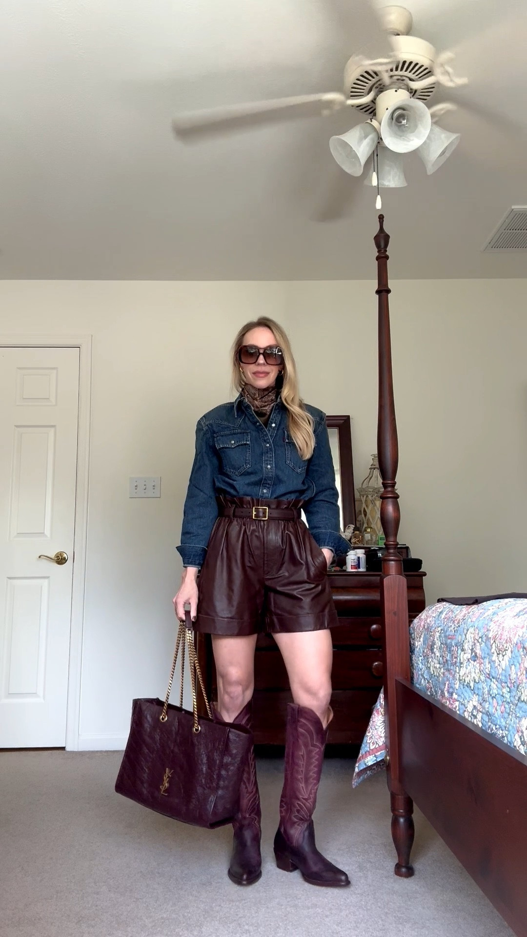 Western chic fall outfit, paisley silk scarf, @levi denim shirt, leather shorts, @Tecovas burgundy cowboy boots

#LTKSeasonal #LTKOver40 #LTKgrwm