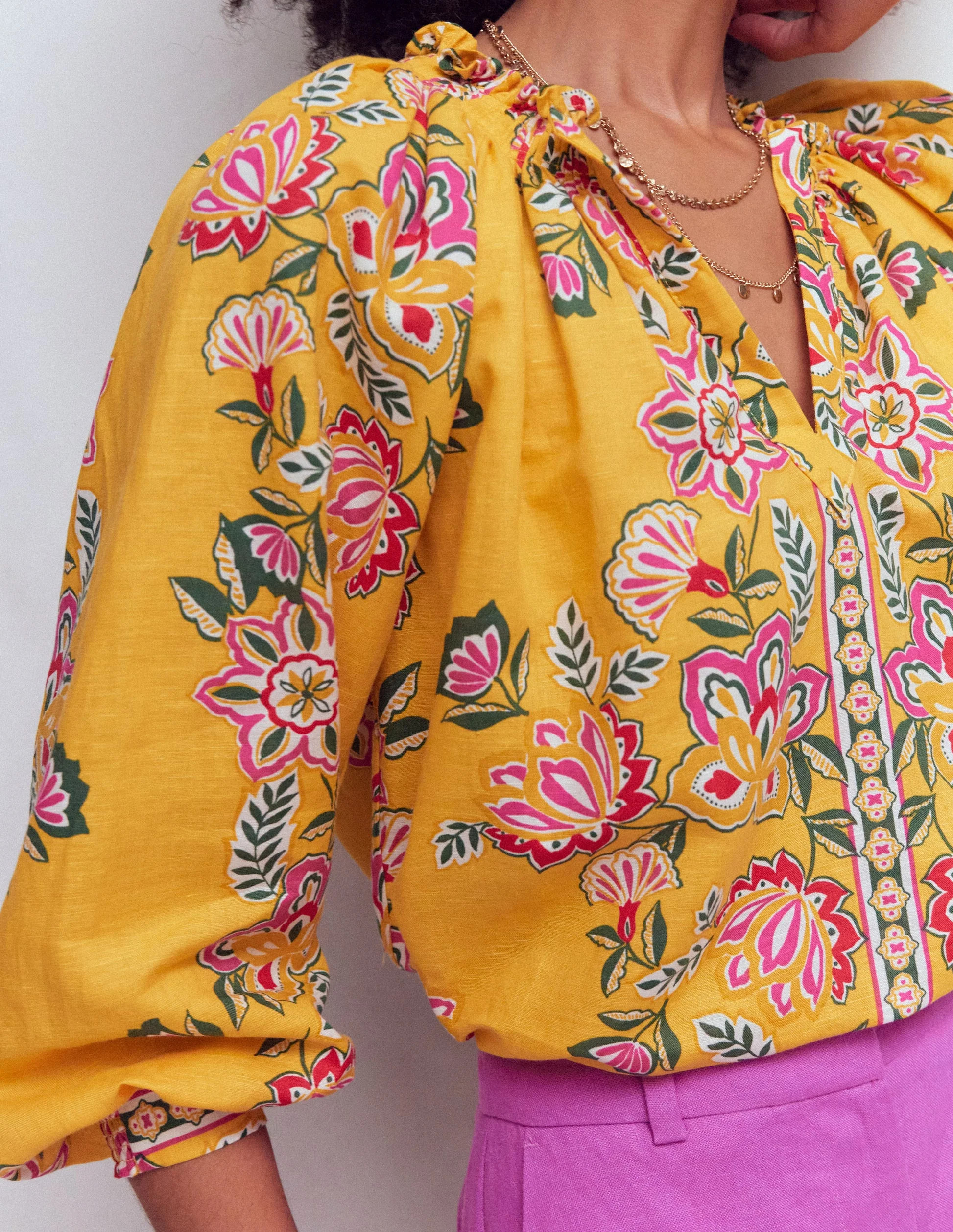 Serena Pleat Neck Linen Top-Marigold, Blossom Elegance | Boden (US)