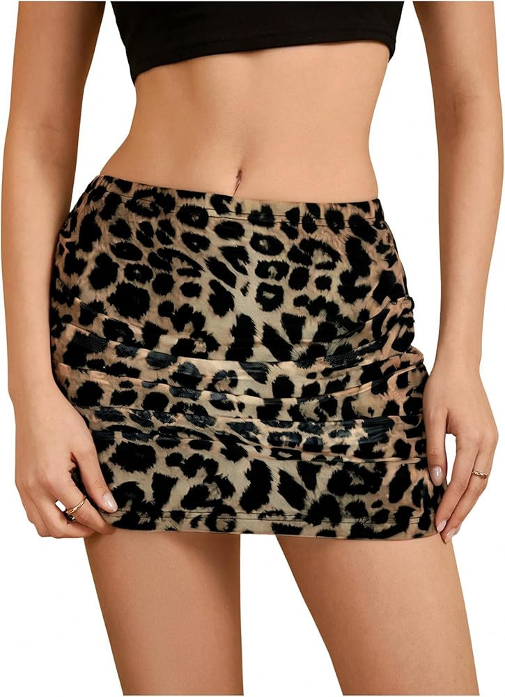 WDIRARA Women's Bodycon Mini Skirt Ruched Mesh Stretchy Tight Sexy Skirt with Streetwear Style | Amazon (US)