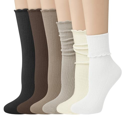 Justay 6 Pairs Womens Ruffle Socks Cute Frilly Crew Boot Casual Slouch Cotton Socks for Women Gifts | Amazon (US)