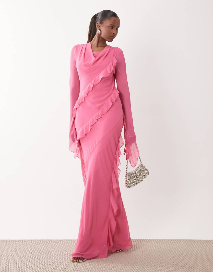 Daska chiffon high cowl neck frill detail maxi dress in pink | ASOS (Global)