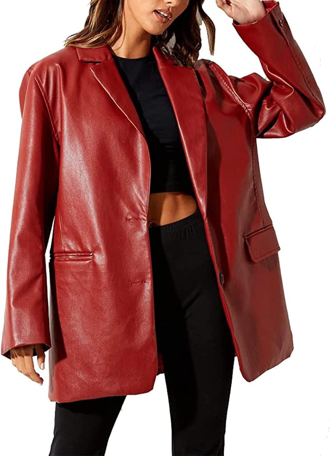 ABYOVRT Women Leather Jacket Oversized Faux Leather Blazer Button Down Lapel Coat with Pockets Vinta | Amazon (US)