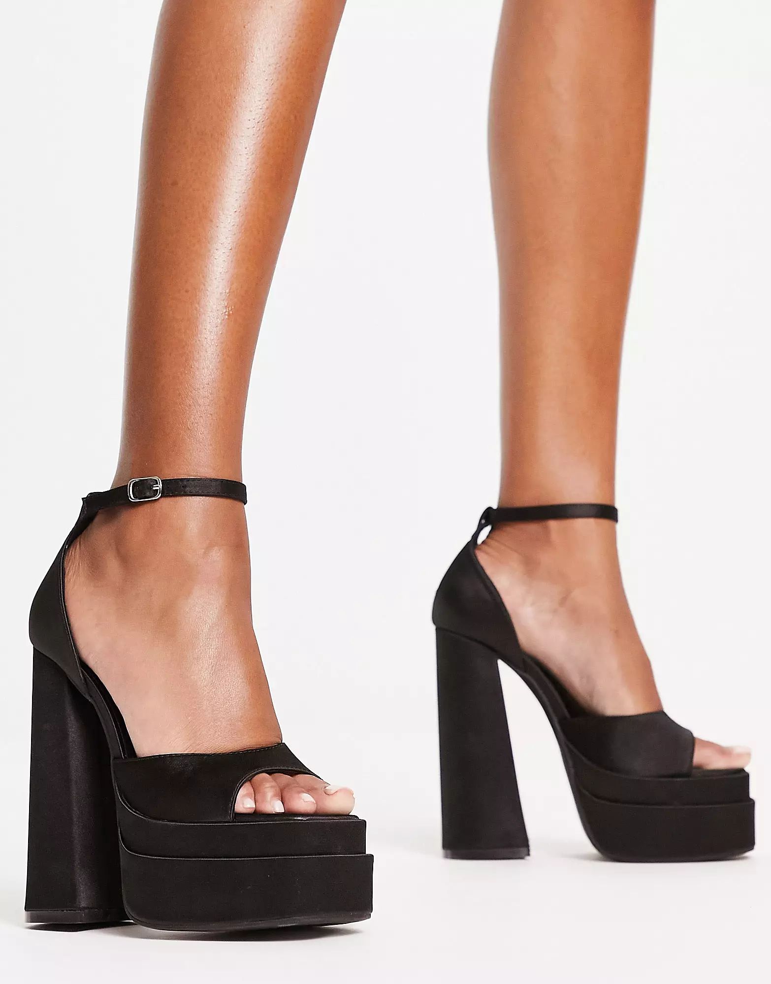 Truffle Collection double platform sandals in black satin | ASOS (Global)