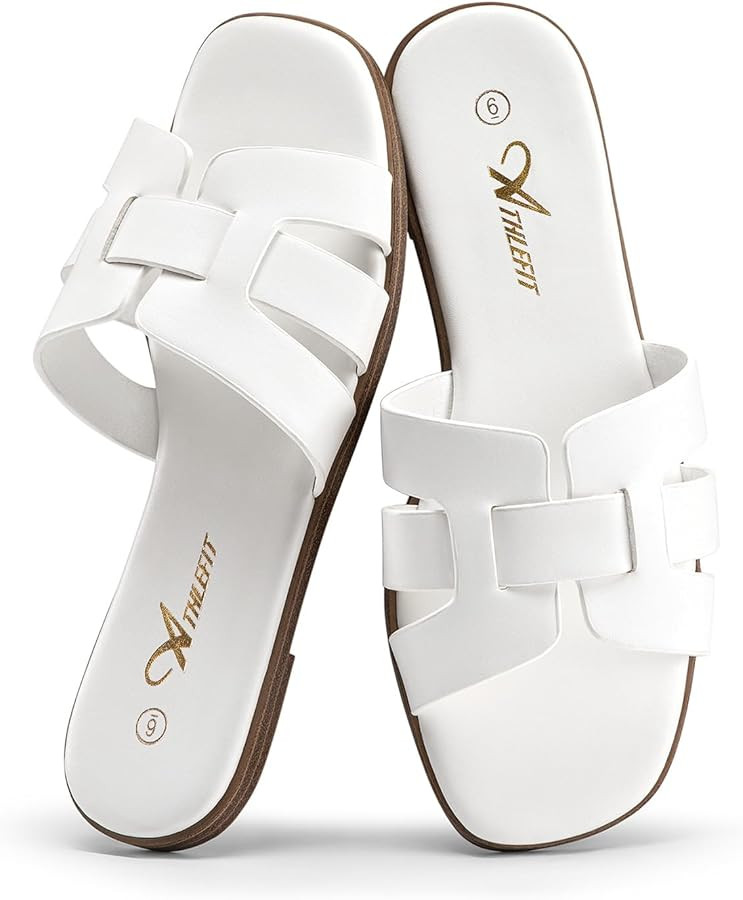 Athlefit Women's Flat Sandals Dressy Summer Square Open Toe Slip On Leather Slide Sandals | Amazon (US)