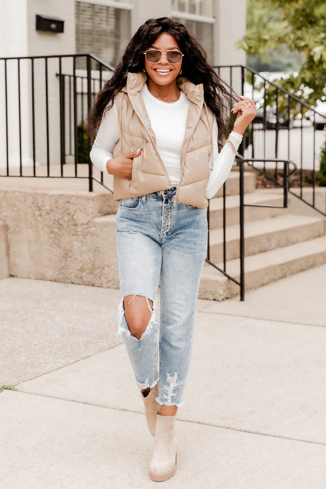 Nothing To Change Taupe Faux Leather Hooded Vest | Pink Lily