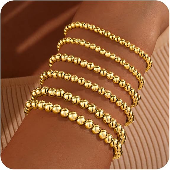 Gold Bracelet for Women Waterproof 14K Gold Plated Gold Bead Ball Bracelet Trendy Stretchable Ela... | Amazon (US)