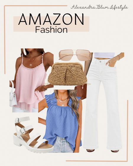 Cute tank tops for the spring and summer outfits! White flare jeans, straw clutch, white strappy sandals!  Amazon finds! Amazon fashion! Amazon outfit! Spring outfit! Summer outfit!

#LTKmidsize #LTKshoecrush #LTKstyletip