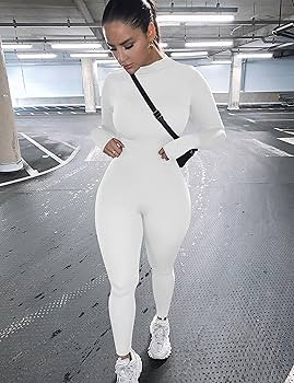 Mizoci Women's Sexy Bodycon Long Sleeve Mock Neck One Piece Jumpsuit Romper | Amazon (US)