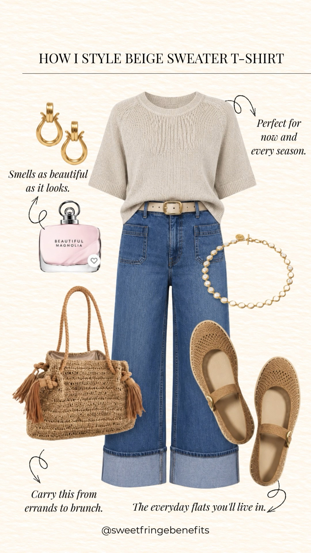 A neutral outfit you'll wear on repeat! This short sleeve sweater tee is lightweight, soft, and perfect for transitioning between seasons. Paired with cuffed wide-leg jeans and woven flats, it's an effortless look that works for errands, brunch, lunch with friends, or casual Fridays.

💛 LTK MADE EASY 
❤️ Heart = Support my posts 
🔖 Save = Get sale & restock alerts 💬 Comment if you have sizing questions!

#LTKootd #LTKOver40 #LTKSeasonal