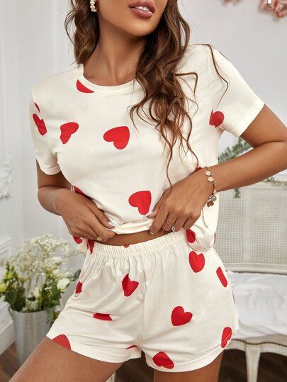 Heart Print Tee & Shorts Pyjama Set | SHEIN