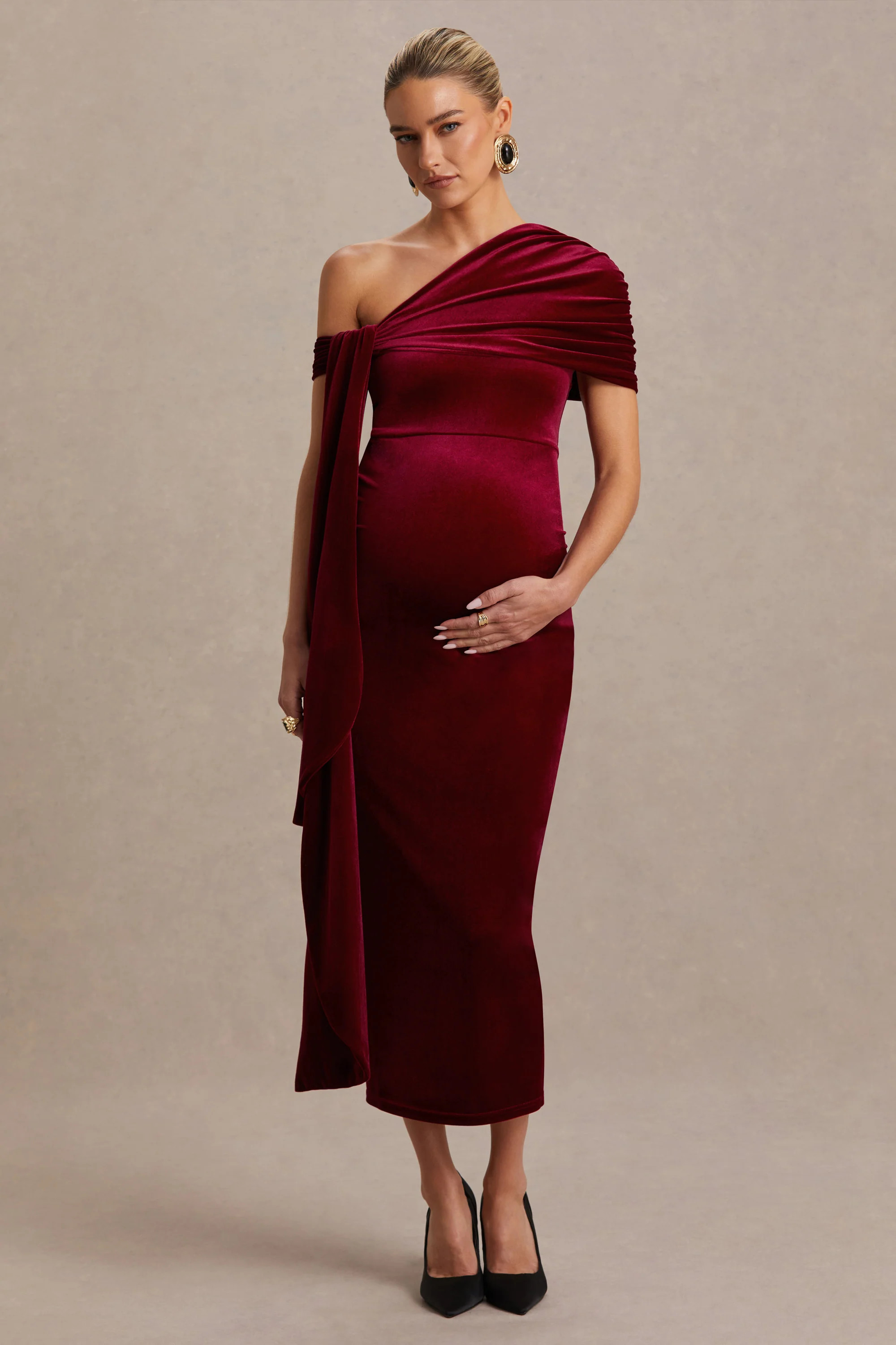 Zena  Burgundy Velvet Asymmetric-Neck Maternity Midi Dress With Knot And Sash Detail | Club L London
