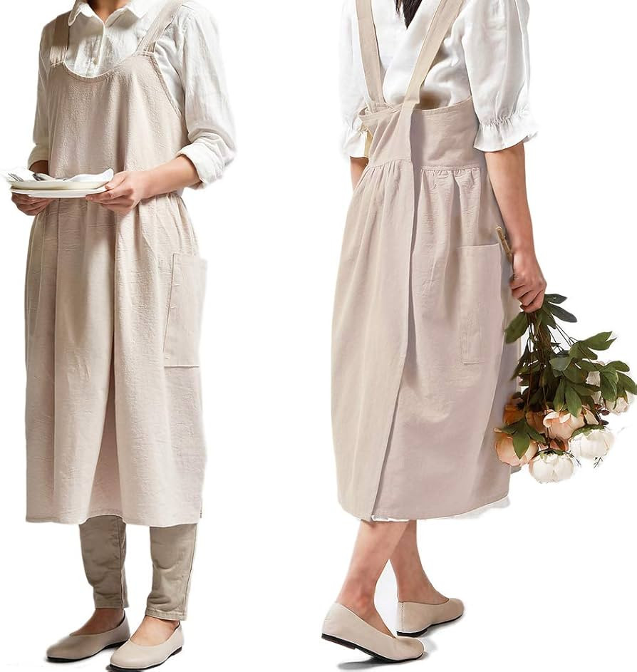 NEWGEM Cotton Linen Cross Back Apron for Women with Pockets for Cooking Painting Beige without Wa... | Amazon (US)