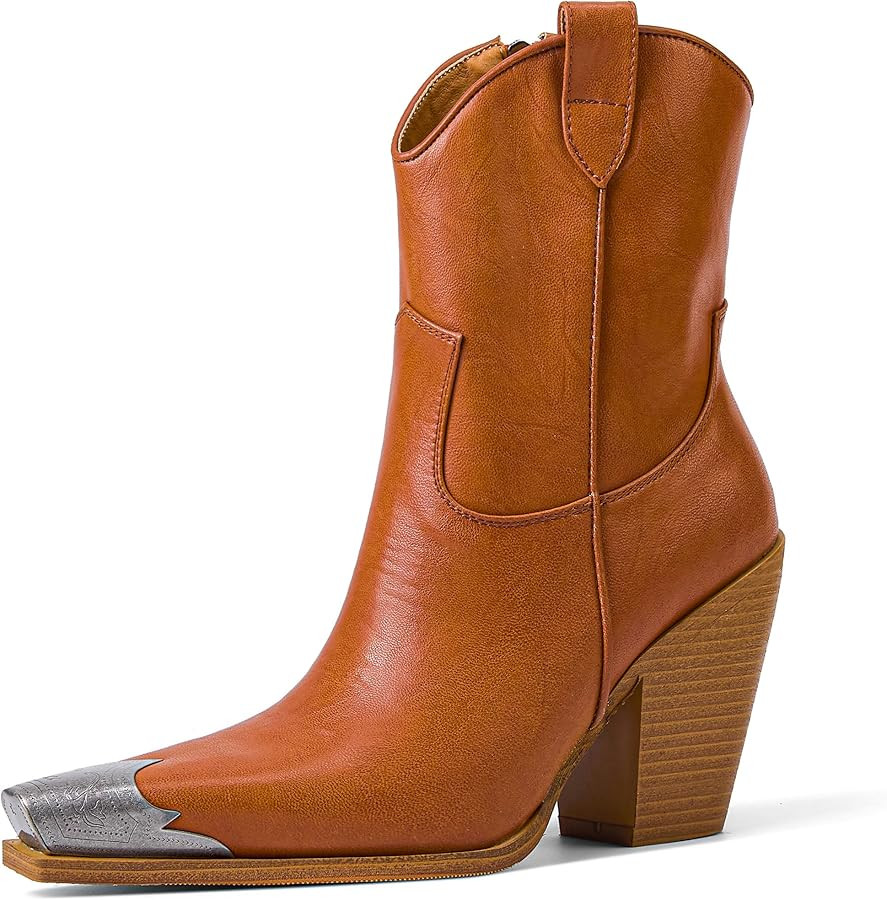 Cowboy Ankle Boots for Women Engraved Steel Toe Cowgirl Boots Stacked Block Heels Short Cowboy Bo... | Amazon (US)