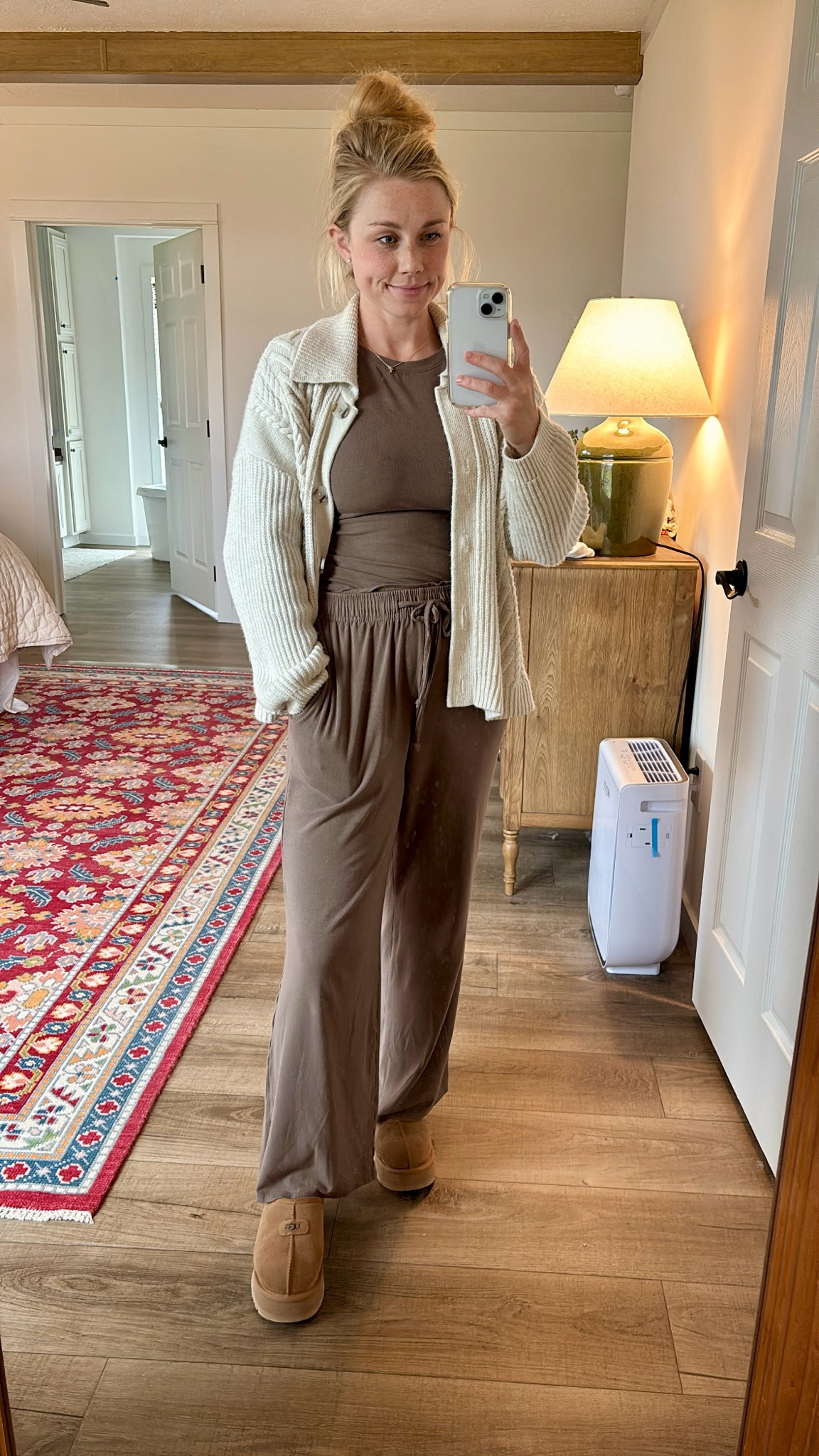 Sharing another ‘fit post just for fun!! Even as a SAHM, I get dressed every day. Some days are dressier than others but this set makes my dressed “down” days still feel put together  The least fashionable chick around but this lounge set is 👌🏻 I own it in this brown and in navy. Very flattering! Quince sweater feels much more expensive than it is and so cozy. Happy snow day to SETX! Now to clean our mirror. 

#loungewear #loungeset #quince #SAHM

#LTKSeasonal #LTKFindsUnder50 #LTKHome