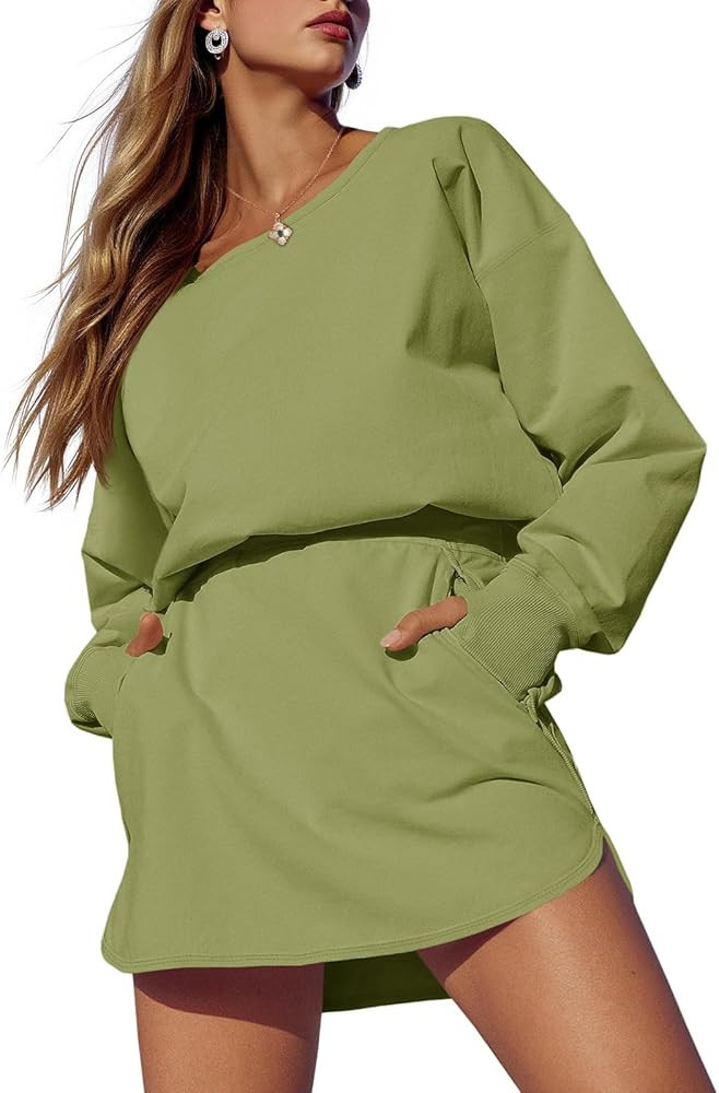 Fisoew Womens Long Sleeve Athletic Dress Backless Keyhole Built-in Shorts Oversized Workout Active Dresses | Amazon (US)