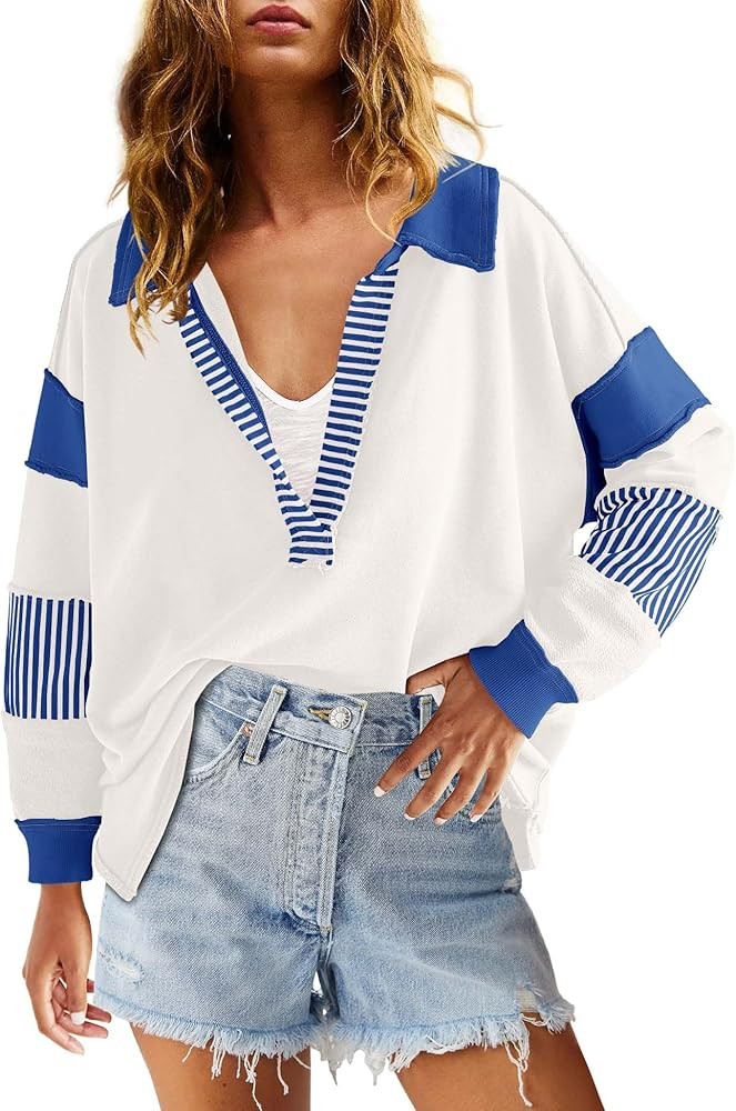 ReachMe Womens Oversized Striped Sweatshirts V Neck Loose Fit Tunic Colorblock Polo Shirts Patchw... | Amazon (US)