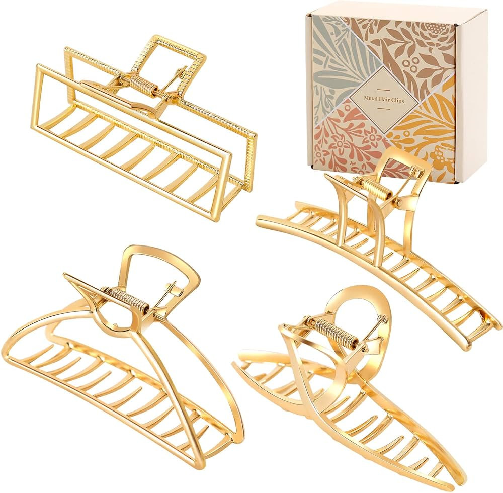 4 Pack Large Gold Hair Claw Clips for Women Thick Hair, Non-Slip Hair Catch Barrette Jaw Clamp, F... | Amazon (US)