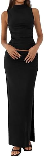 BTFBM Womens Two Piece Outfits Summer Lightweight 2026 Mock Neck Sleeveless Knit Tops Maxi Skirt ... | Amazon (US)