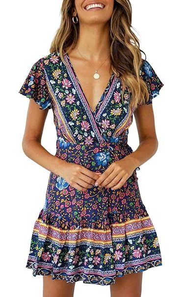 ZESICA Women’s Summer Wrap V Neck Bohemian Floral Print Ruffle Swing A Line Beach Mini Dress | Amazon (US)