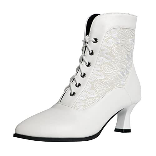 LanreyTaley Women Victorian Lace Booties Wedding Bridal Ankle Boots Witch Costume Boots Mid Heel White Size 40 Asian | Amazon (US)