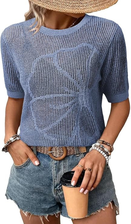 Dokotoo Womens Summer Short Sleeve Crochet Tops Hollow Out Floral Pullover Sweaters Beach Vacatio... | Amazon (US)