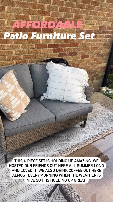 We live on this patio furniture set in the summer! It comes with a love seat, two regular chairs, and a coffee table! Plus it comes with cushions! 🙌🏼 

#LTKhome #LTKSeasonal