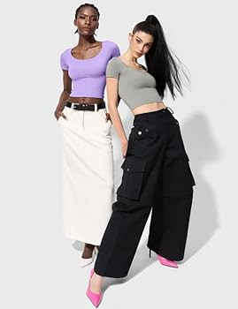 PUMIEY Women's Scoop Neck Short Sleeve T Shirt Slim Fit Sexy Tops Smoke Cloud Collection | Amazon (US)