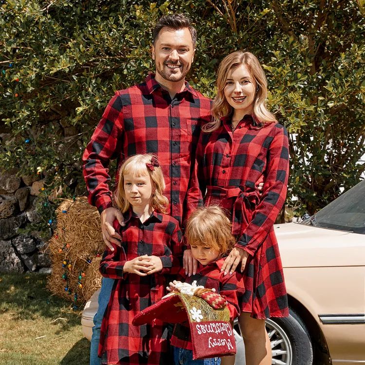 Red and Black Plaid Print Family Matching Sets（Lapel Long-sleeve Belted Dresses and Shirts） | PatPat