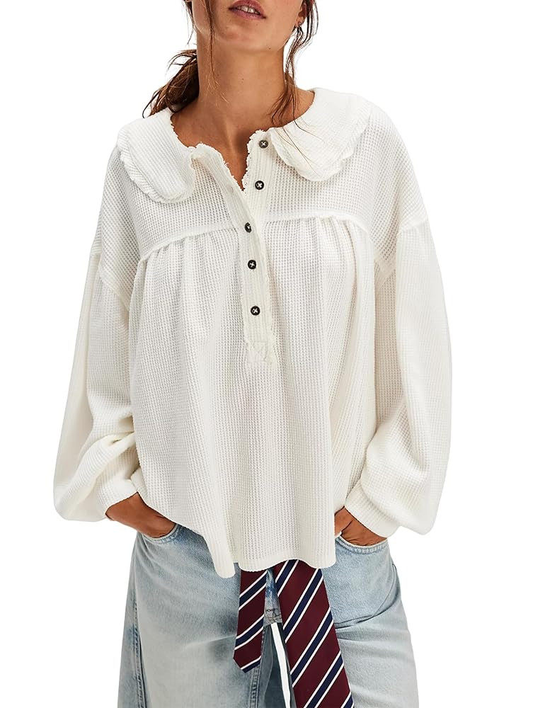 Women's Waffle Knit Tops Collared Solid Color Pullover Long Sleeve V Neck Loose Tunic Babydoll To... | Amazon (US)