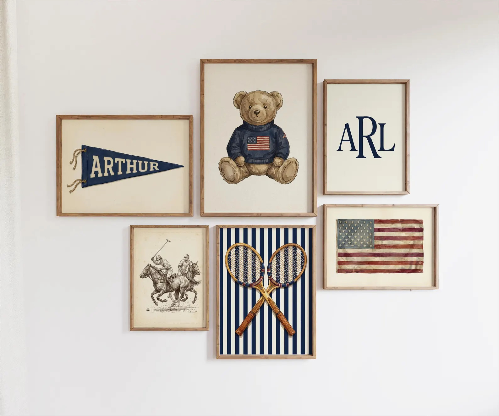Personalized Preppy Nursery Wall Art Set 6 Prints, Ralph Teddy Bear Boy Room Decor, Custom Name M... | Etsy (US)