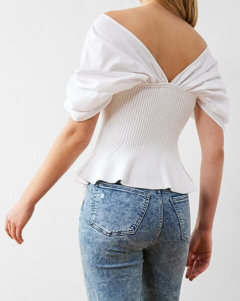 Draped Shoulder Ribbed Peplum Sweater | Express