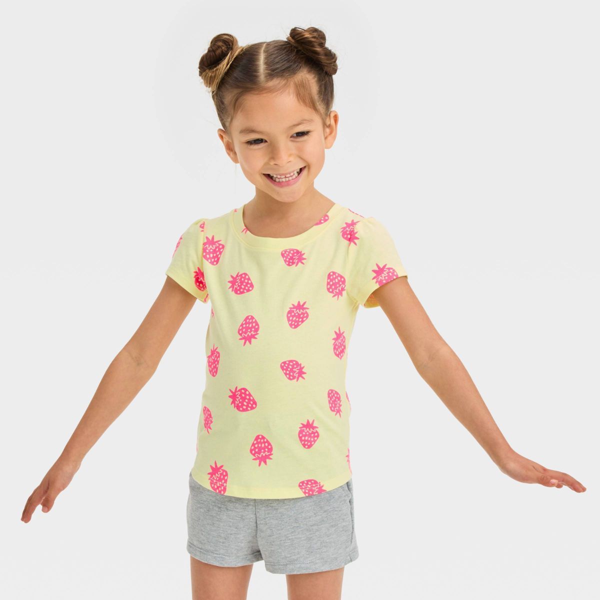 Toddler Girls' Strawberry Short Sleeve T-Shirt - Cat & Jack™ Yellow 3T: Crewneck, Ruffle Sleeve... | Target