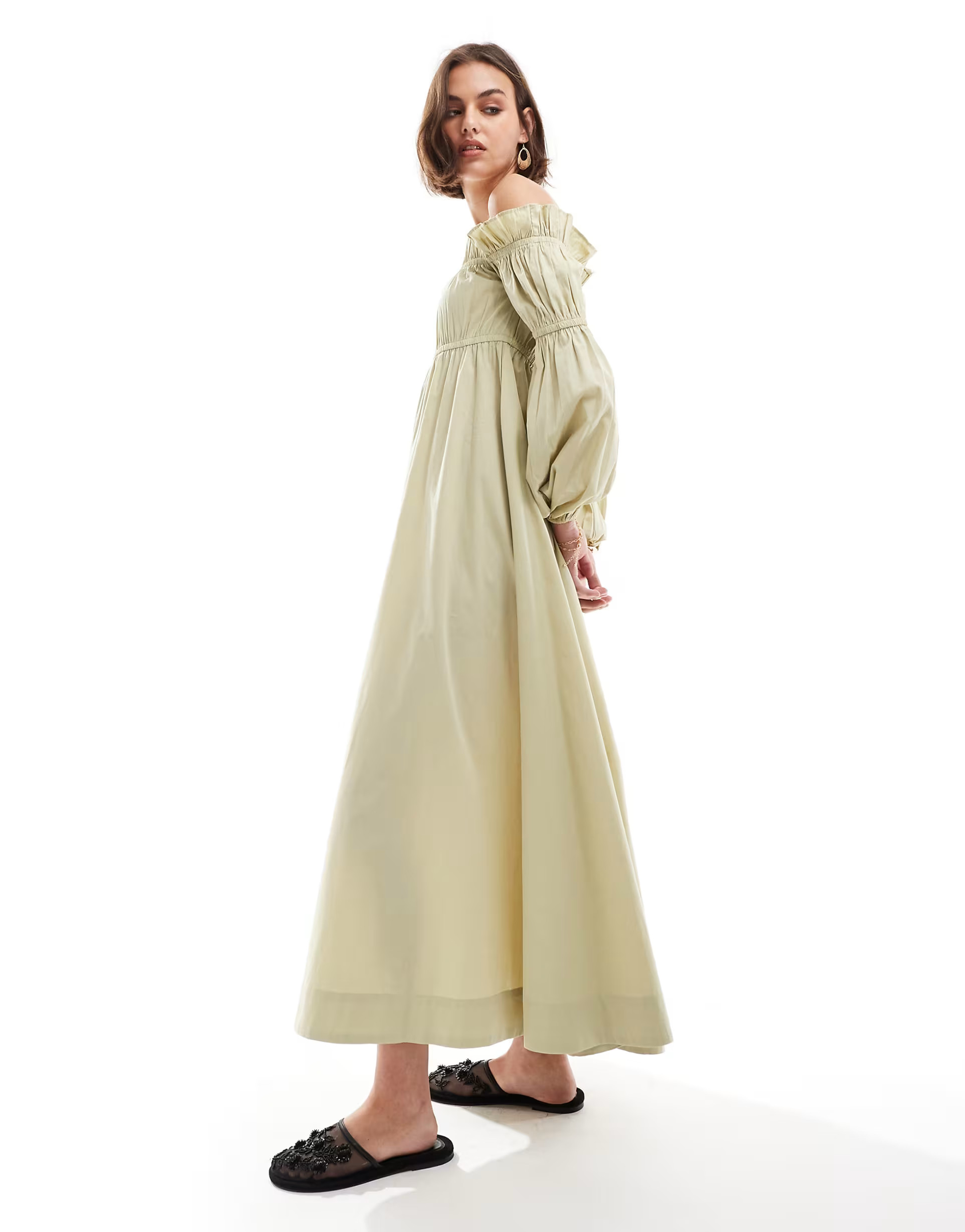 ASOS DESIGN bardot poplin midi smock dress with ruching detail in olive | ASOS (Global)