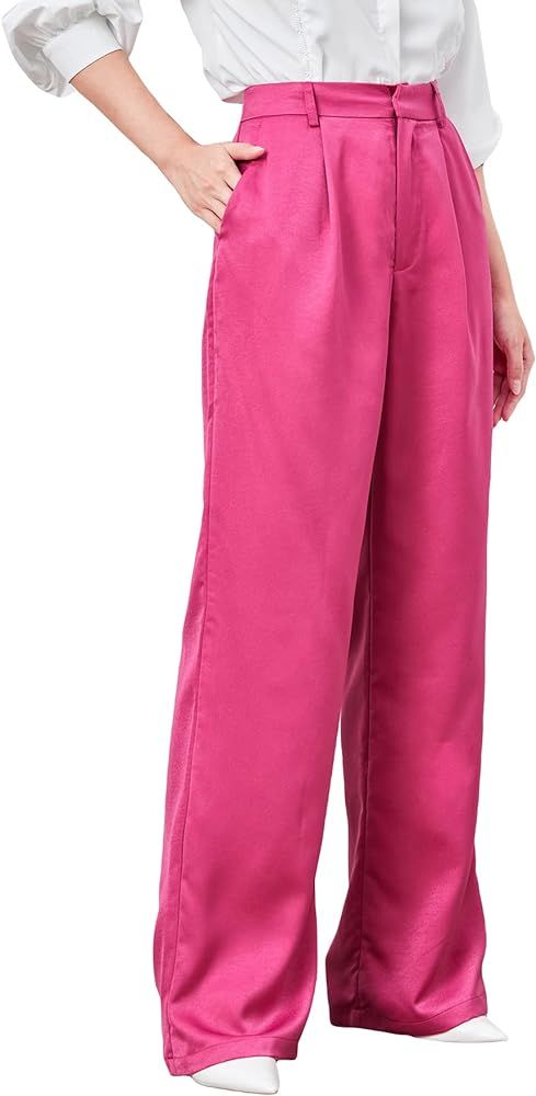 MakeMeChic Women's Satin Silk High Waisted Wide Leg Pants with Pockets | Amazon (CA)