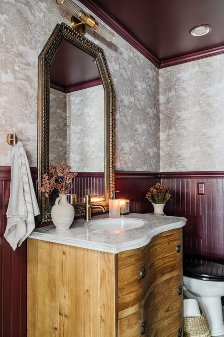Swooning over our powder room makeover! 

Bathroom decor – bathroom ideas – vintage wallpaper – Moody wallpaper – Moody decor 

#LTKhome #LTKstyletip