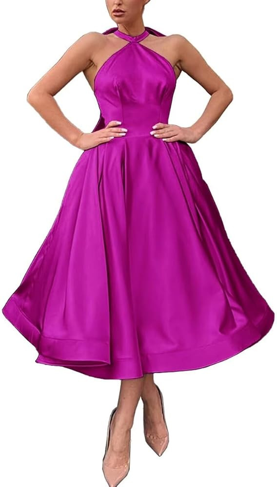 Halter Homecoming Dresses 2024 Short Sleeveless Satin Ruched A-Line Tea Length Prom Formal Gown w... | Amazon (US)