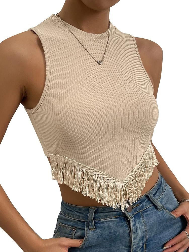 MISSACTIVER Women’s Rhinestone Tassel Crop Tank Top Sexy Sleeveless Round Neck Slim Fit Beading... | Amazon (US)
