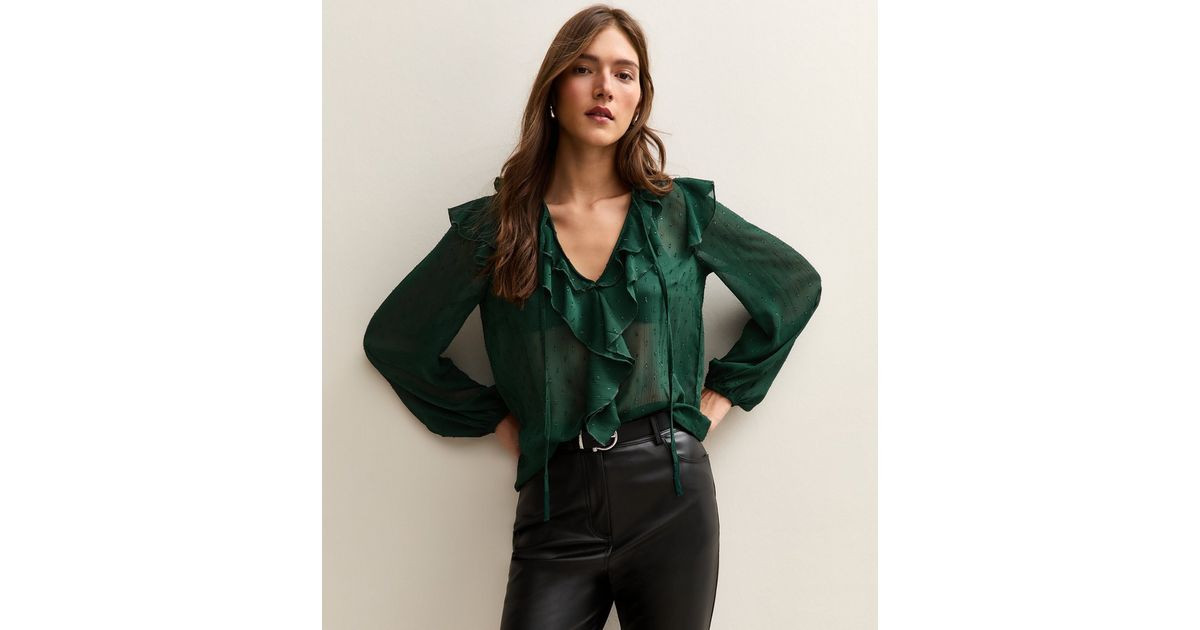 Dark Green Metallic Spot Frilly Trimmed Blouse | New Look | New Look (UK)