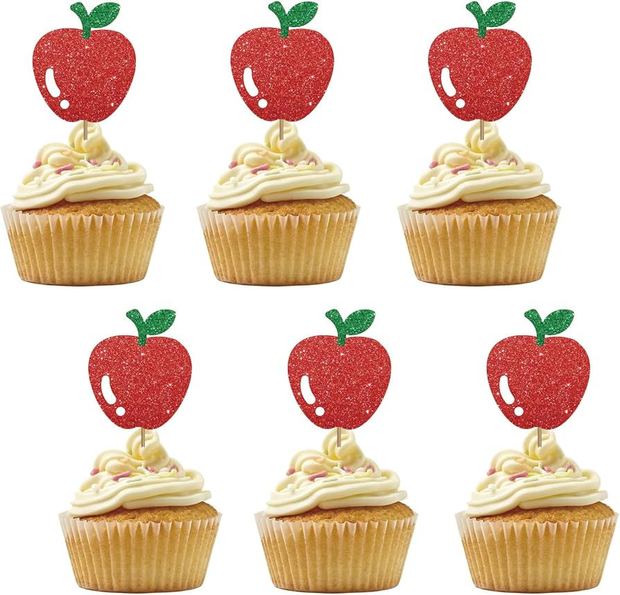 Set of 24 Apple Cupcake Toppers, Red Glitter Apple Cupcake Toppers for Baby Shower/Birthday, Appl... | Amazon (US)