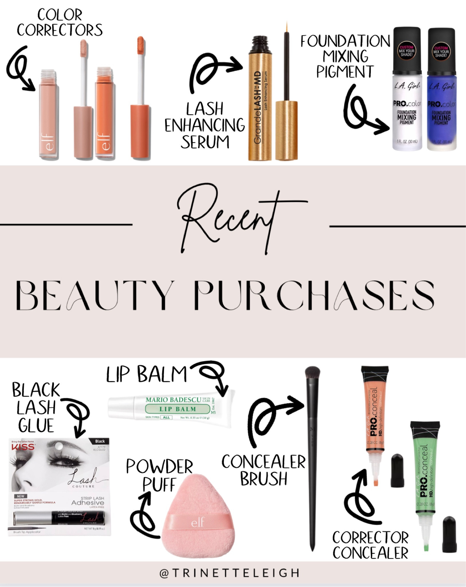 Recent beauty purchases. Ulta finds. Underrated beauty products. Color correcting concealer. Lash enhancing serum. Concealer brush. Powder puff. Lip balm. Foundation pigment.

#LTKbeauty #LTKwedding #LTKstyletip