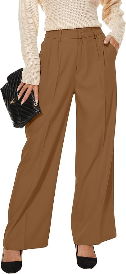 Women Office Wide High Waist Pants Loose Fit Elastic Waist Pleated Front Trousers for Work Casual | Amazon (US)