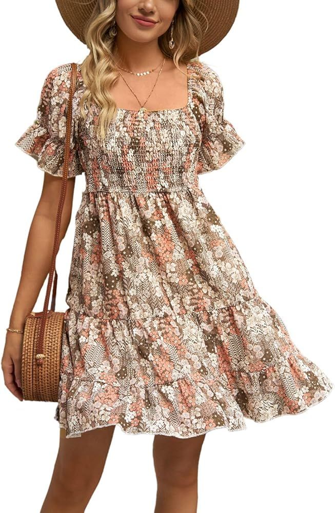 Women's Floral Print Off Shoulder/Short Sleeve Square Neck A-line Loose Swing Mini Dress | Amazon (US)