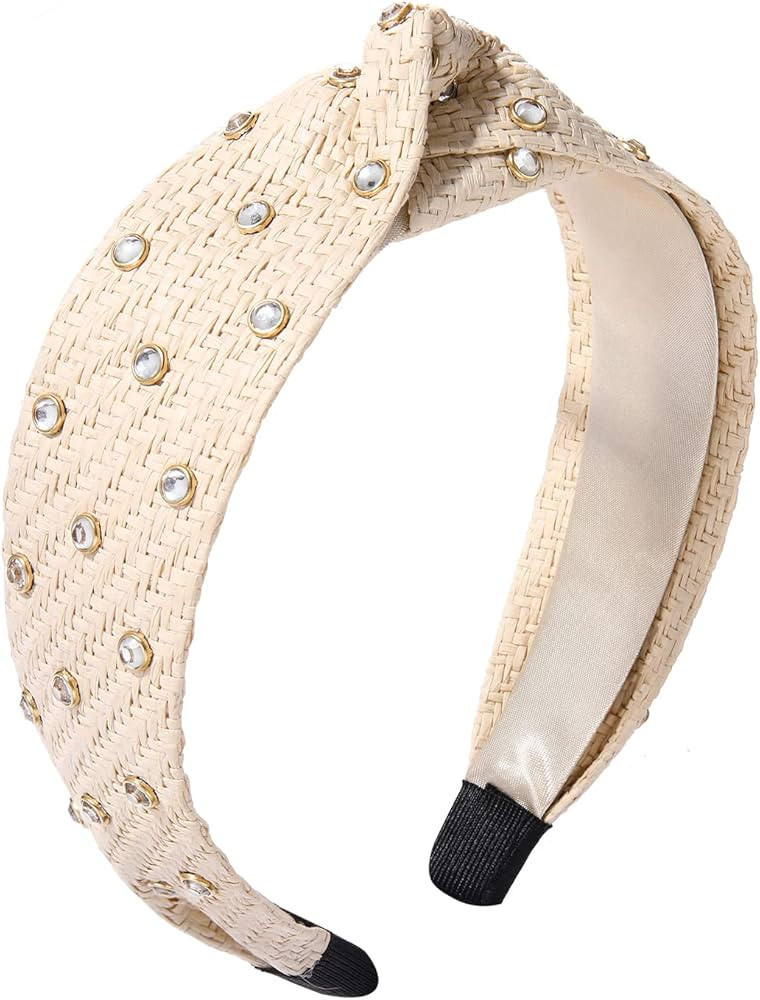 Rhinestone Rattan Headband Straw Headbands Fashion Rattan Wide Head Band Boho Headband Summer Boh... | Amazon (US)