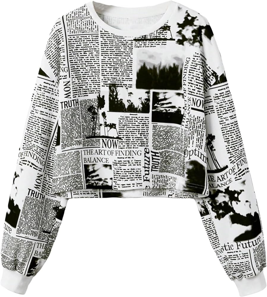 WDIRARA Women's Newspaper Print Round Neck Long Sleeve Sweatshirt Crop Pullovers | Amazon (US)