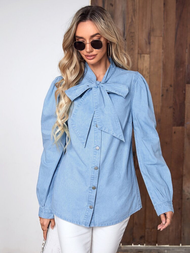 Tie Neck Button Front Denim Top | SHEIN