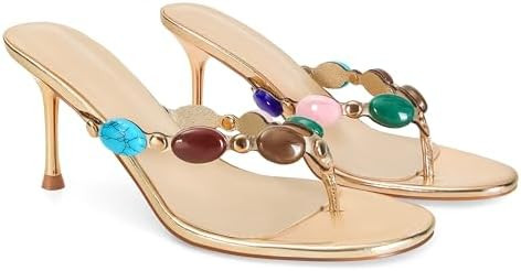 MAIJED Jeweled Flip Flop Kitten Heels for Women Open Toe Beaded Strappy High Heels Sandals Slip O... | Amazon (US)