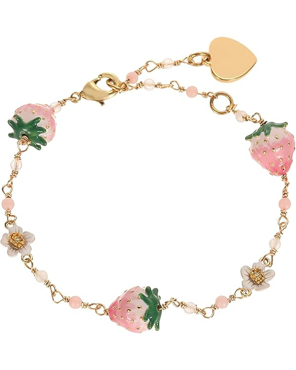 Women's Stylish Versatile Bracelet - Elegant White Flower, Pink Strawberry Charm, Fresh & Sweet B... | Amazon (US)