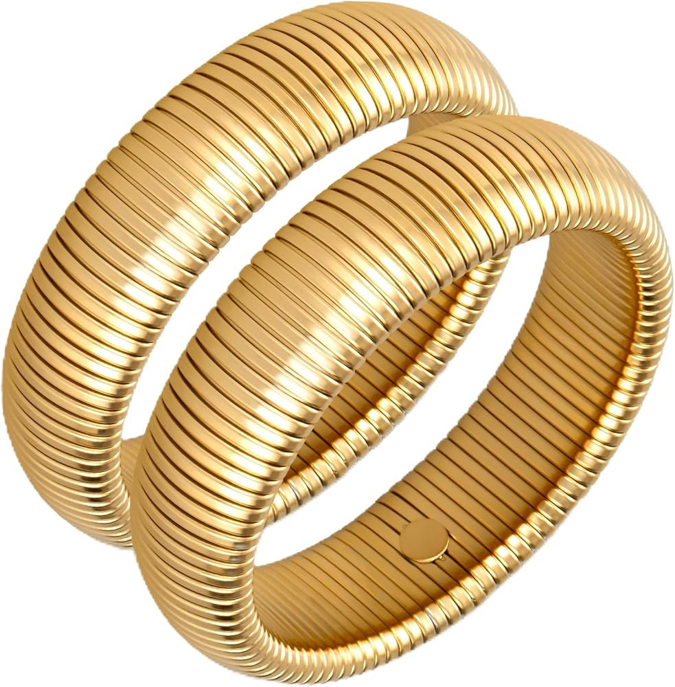 Gold Bangle Bracelets for Women Chunky Stretch Bracelet Set Stackable Bangles 14K Gold Plated Sta... | Amazon (US)